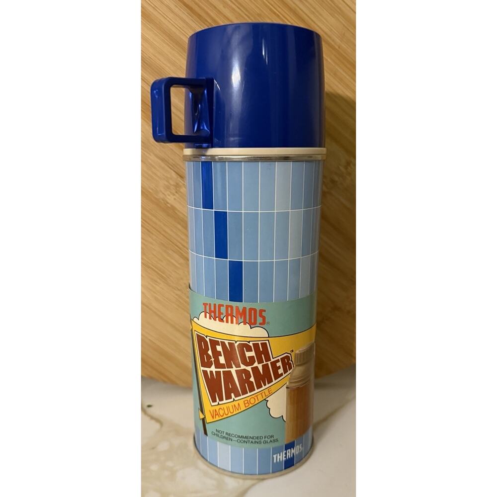Vintage Early 1970’s Benchwarmer Thermos Bottle Blue Retro .43 Liter Hot Cold